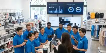 Frontline retail staff engaged in an interactive training session, learning sales techniques.