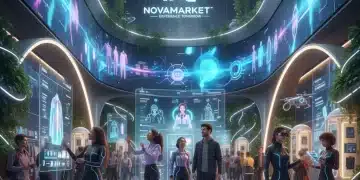Futuristic retail space with interactive displays and engaged shoppers
