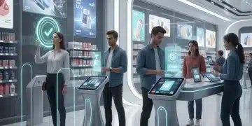 Futuristic retail payment scene with seamless transactions and advanced technology