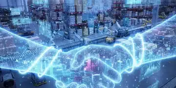 Futuristic supply chain network with strong supplier partnerships, showing data flow and a modern retail warehouse.