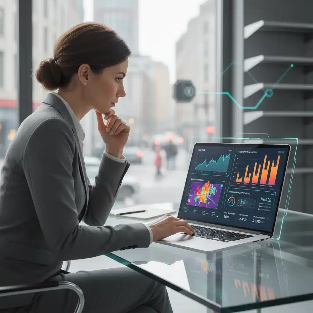 Retail manager analyzing IoT data from smart shelves on a dashboard.