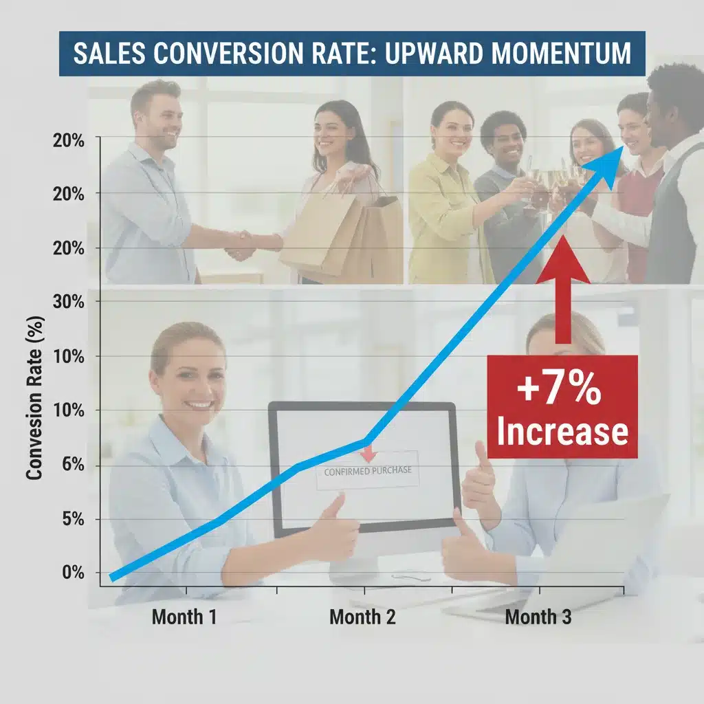 Sales conversion rate graph showing a 7% increase after training.
