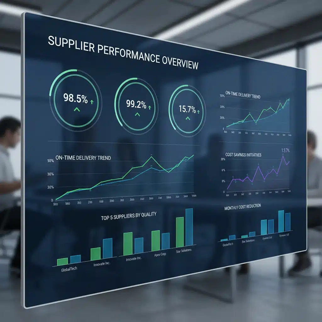 Data analytics dashboard showing key performance indicators for supplier management and supply chain efficiency.