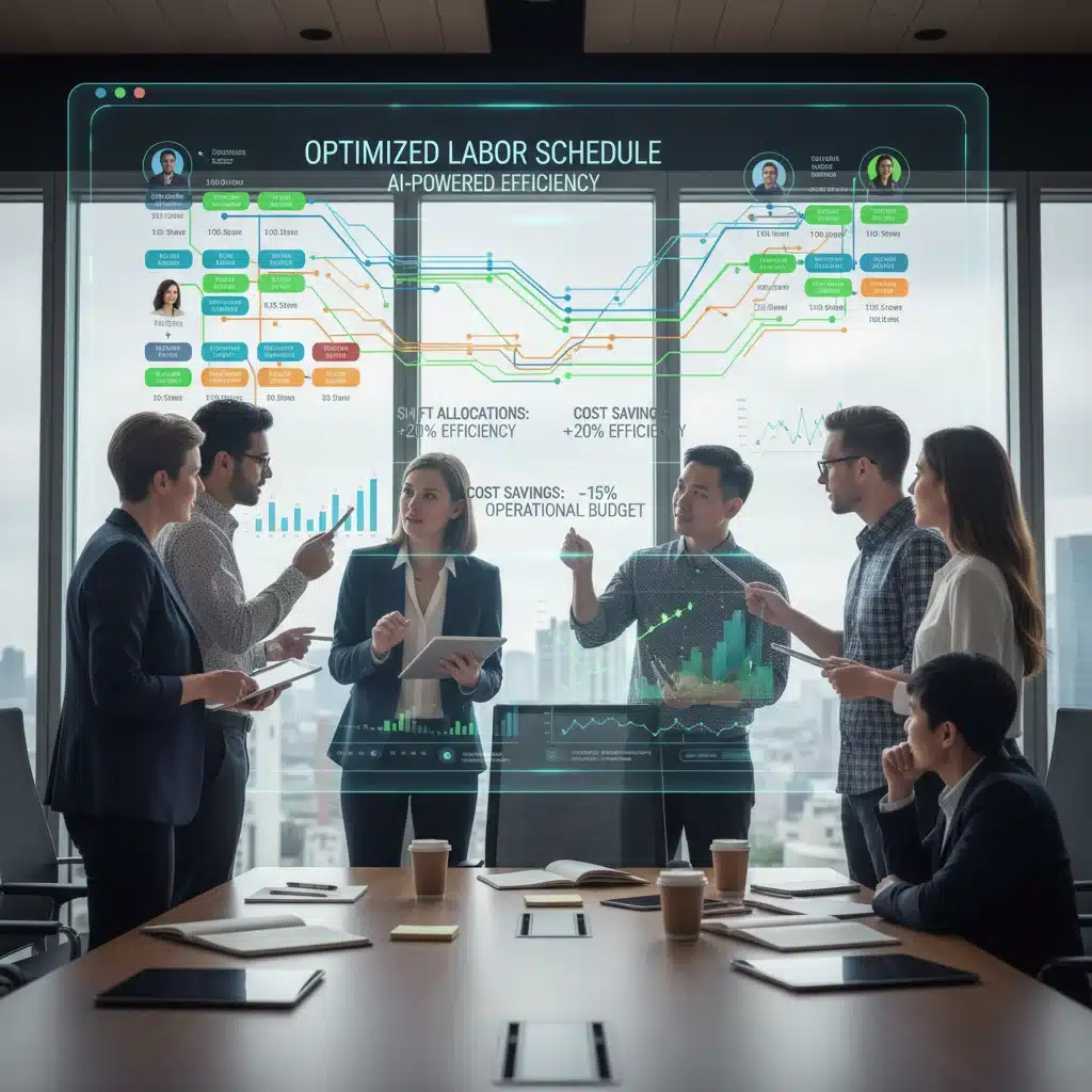 Diverse team analyzing AI-optimized labor schedule on a large screen.
