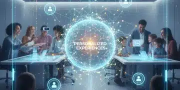 AI-driven personalization interface showing data analysis and happy customers.