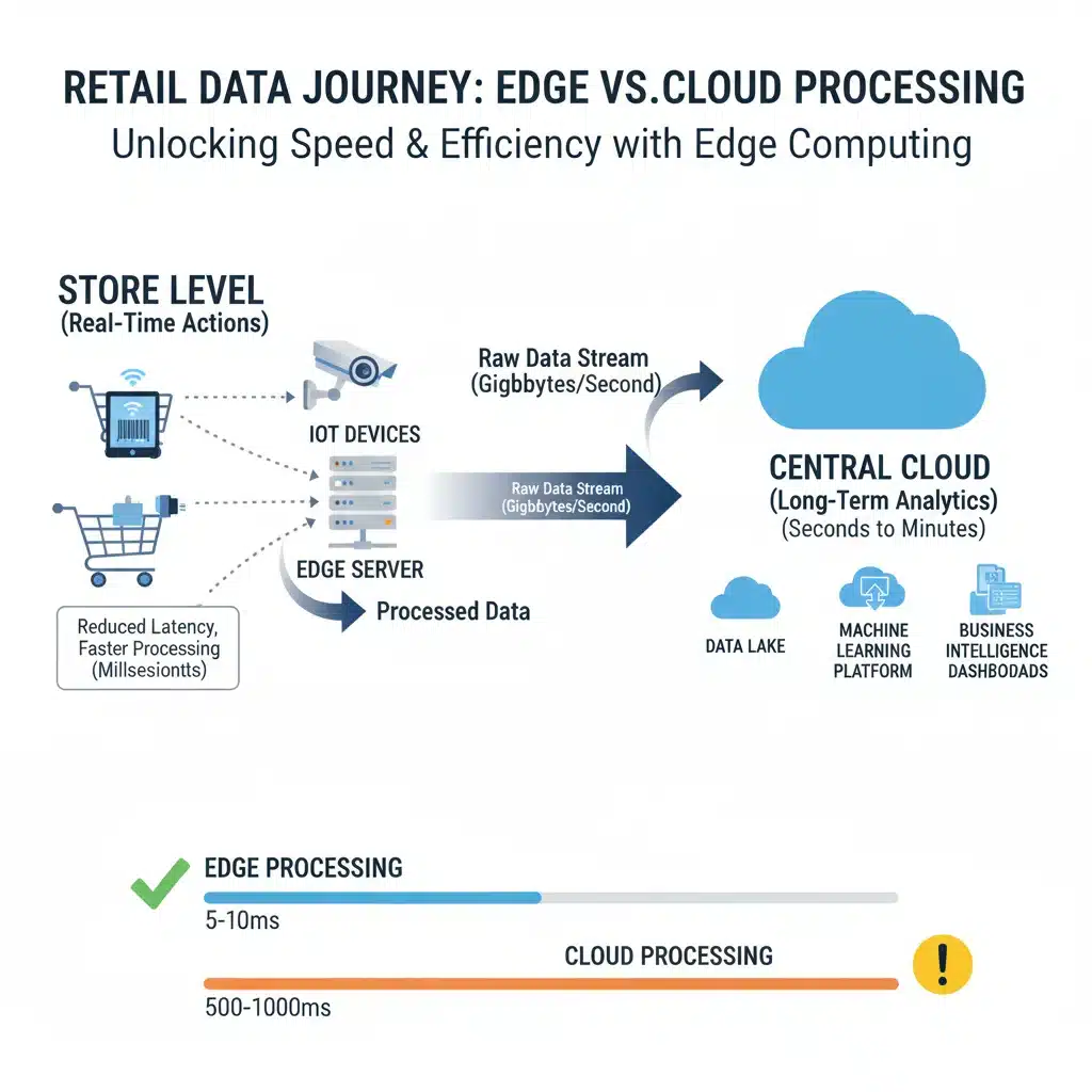 Infographic showing data flow from IoT to edge to cloud in retail, emphasizing latency reduction