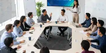 Customer service agents learning first-contact resolution techniques in a modern training room.