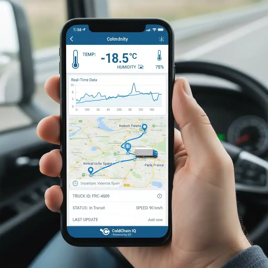 IoT sensors monitoring real-time temperature in a refrigerated truck for cold chain integrity.