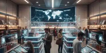 Modern retail store with data processing overlays highlighting edge computing benefits