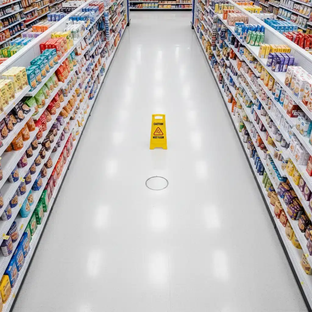 Well-maintained and organized retail store aisle with clear pathways and a visible wet floor sign.
