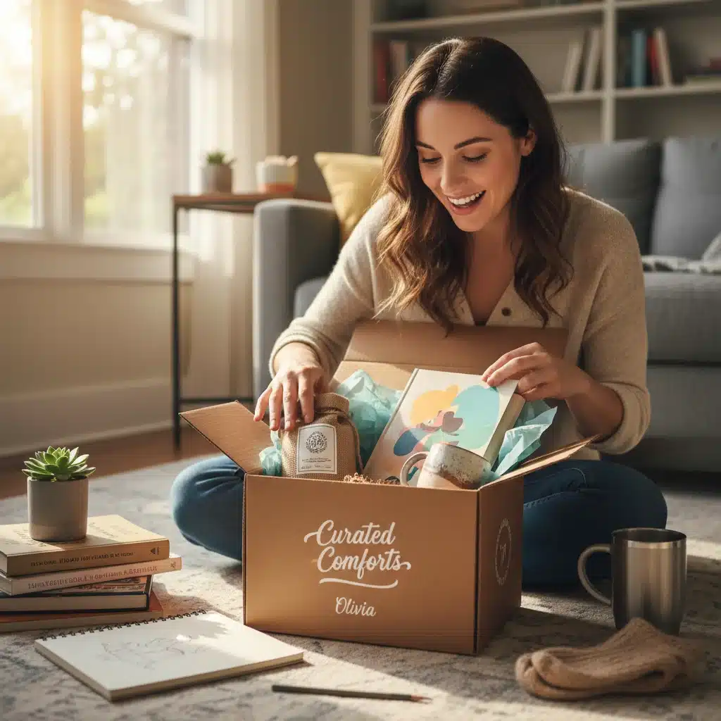 Happy customer unboxing a personalized subscription package at home
