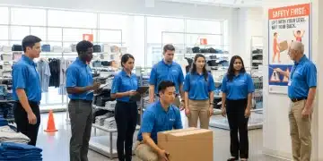 Retail Store Safety Protocols: Updating Compliance for a 5% Decrease in Workplace Incidents by Year-End 2026 Retail employees undergoing safety training, focusing on proper lifting techniques and hazard awareness.