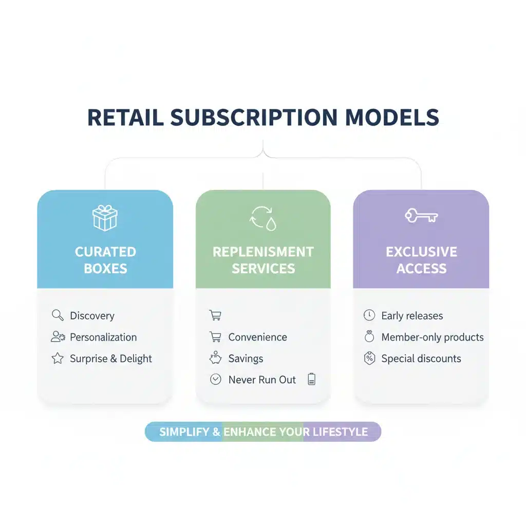 Infographic detailing various retail subscription model types and their benefits