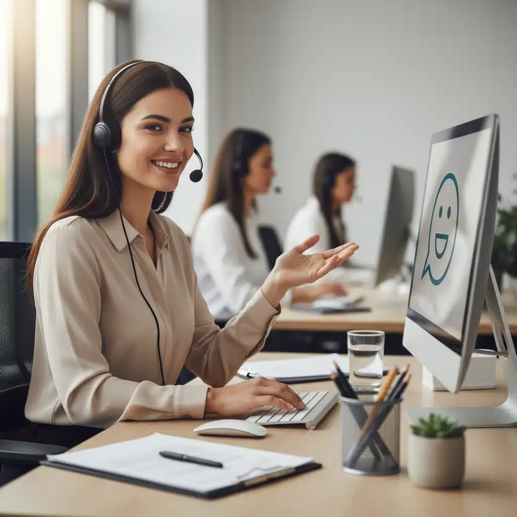 Confident customer service agent successfully resolving a customer inquiry with a smile.
