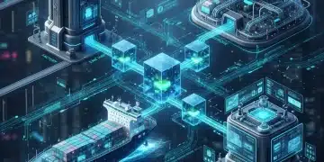 Blockchain technology enhancing supply chain transparency in retail logistics with interconnected digital ledgers.