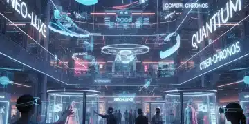 Futuristic virtual retail store with shoppers in metaverse