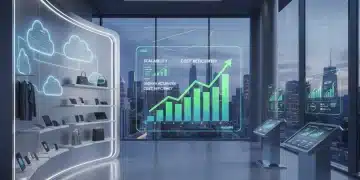 Modern retail store with cloud technology overlay, showing financial growth and scalability