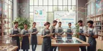 Boost Store Productivity: Task Management Platforms for 12% Efficiency Gain by 2026 Employees efficiently managing tasks with digital tools in a modern retail store, boosting productivity.